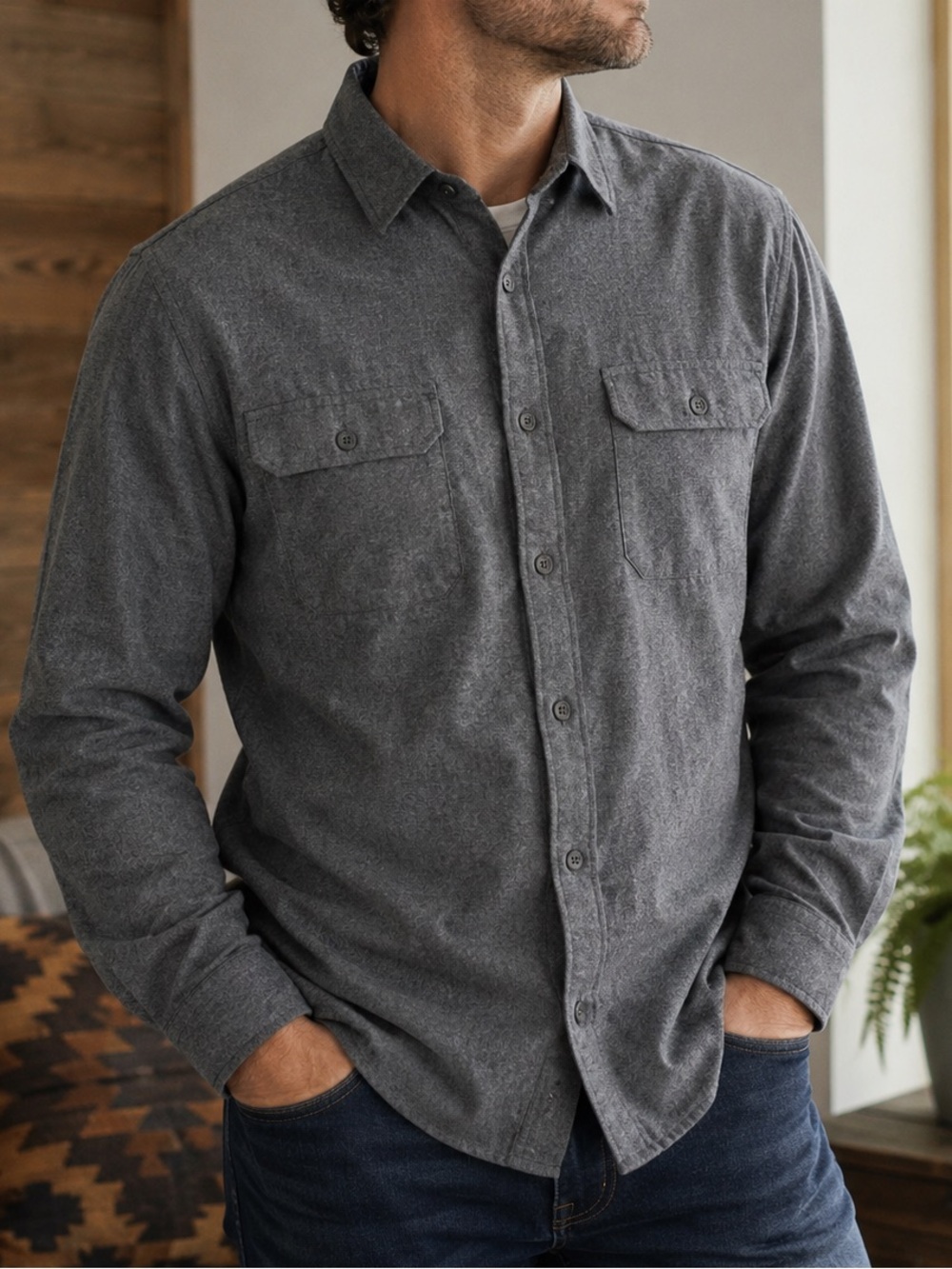 Eddie Bauer 100% Cotton Button Front Shirt Men’s Medium Gray Long Sleeve